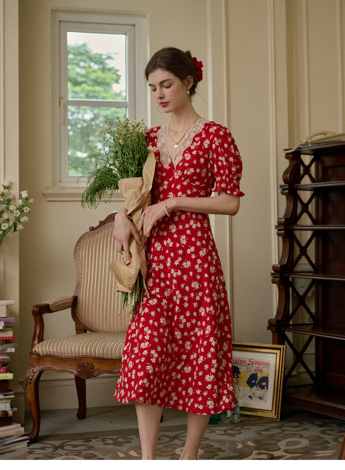 심플레트로 SR Red puff sleeve floral dress 레드 최화정 원피스