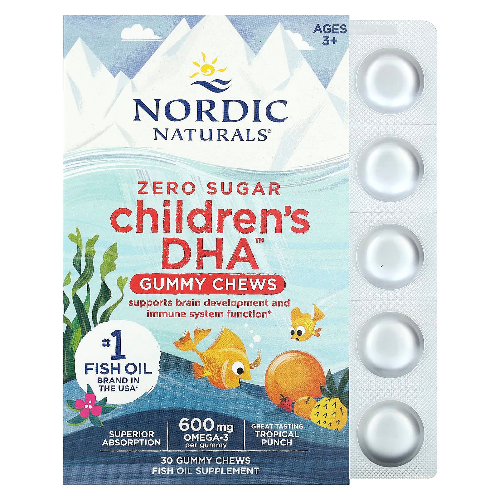 노르딕 내추럴스 제로 슈가 어린이 <b>DHA</b> <b>600mg</b> 트로피칼 펀치 30 <b>구미</b>츄