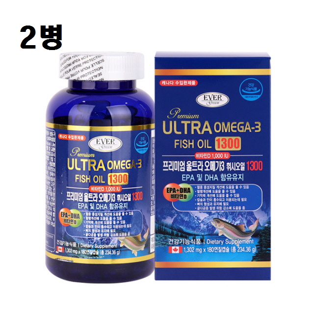피쉬 연어 <b>오메가3</b> 휘시오일 울트라 <b>오메가쓰리</b> DHA EPA 180캡슐 2병