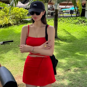 비치팜 비치웨어 노와이어 레드 선셋 골지 3피스 비키니