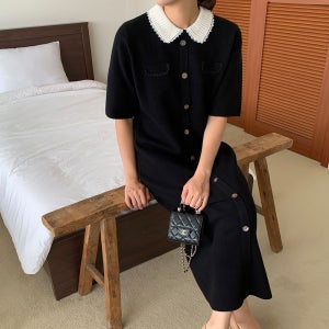 하객 원피스 가을 페이크단추 배색 카라 반팔 니트 롱 원피스 하객룩