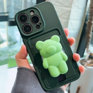 곰돌이그립 톡거치대 풀커버 카메라보호 젤리 실리콘 카드 케이스 그린, 아이폰14 프로