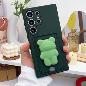 곰돌이그립 톡거치대 풀커버 카메라보호 젤리 실리콘 카드 케이스 그린, 갤럭시S22 울트라