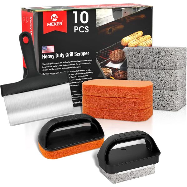 그릴 스크레쳐 홈 캠핑 요리 공구 도구 블랙스톤용 MEKER 그리들 클리닝 키트 스톤이 포함 플랫 탑 스커링 패드 손잡이 브러시 얼룩 제거 10 PCS