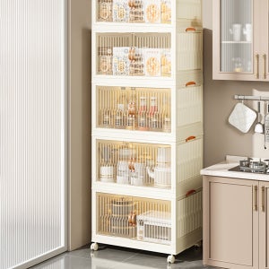 리빙원 이동식 폴딩 리빙박스 투명 접이식 수납정리함 서랍 정리 수납함 중형 5단