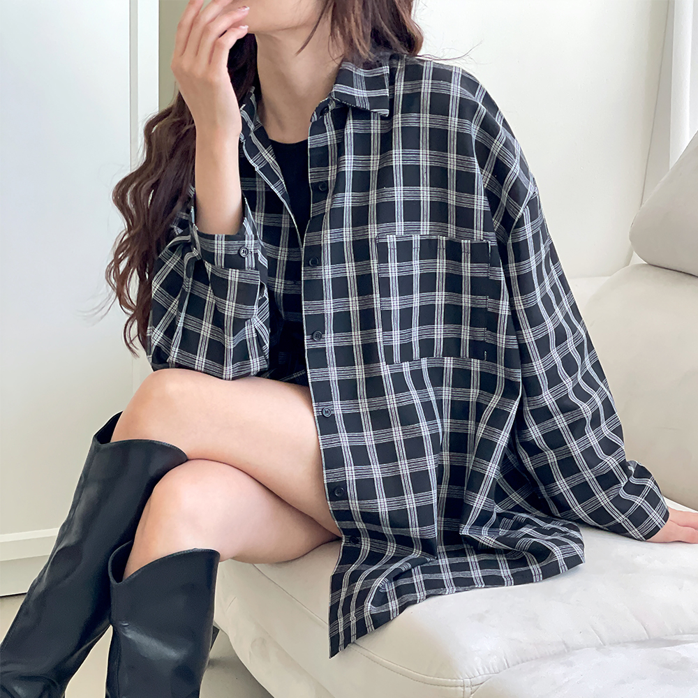 카라 여성 체크 남방 오버핏 박시 긴팔 셔츠 화이트 블랙