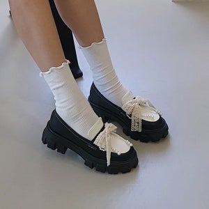 키높이 통굽 페니 로퍼 리본 장식 플랫폼 구두 6cm