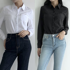 [1+1] 여성 슬림핏 셔츠 셔링 블라우스 기본 베이직 긴팔 화이트 블랙 와이셔츠