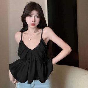 프릴끈나시 상의 민소매 조끼 여름 슬리브리스 탱크탑 블랙 S