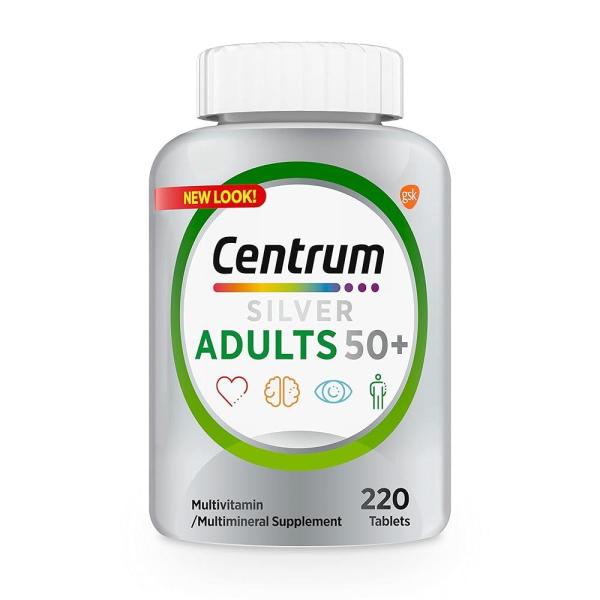 Centrum 성인용 실버 50 멀티비타민 <b>미네랄</b> 보충제 220정 비타민 D3 B 칼슘 및 항산화제 함유 글루텐 무첨가 논GMO