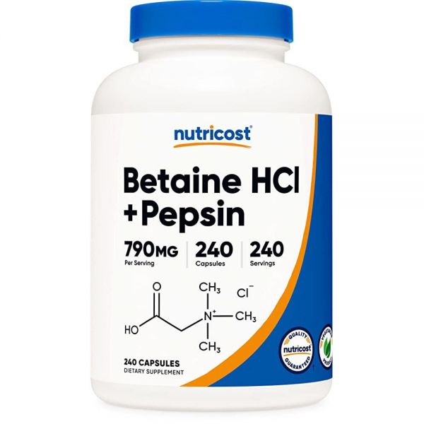 Nutricost Betaine HCl + Pepsin 790mg, 240캡슐 - 글루텐 프리 및 GMO 프리