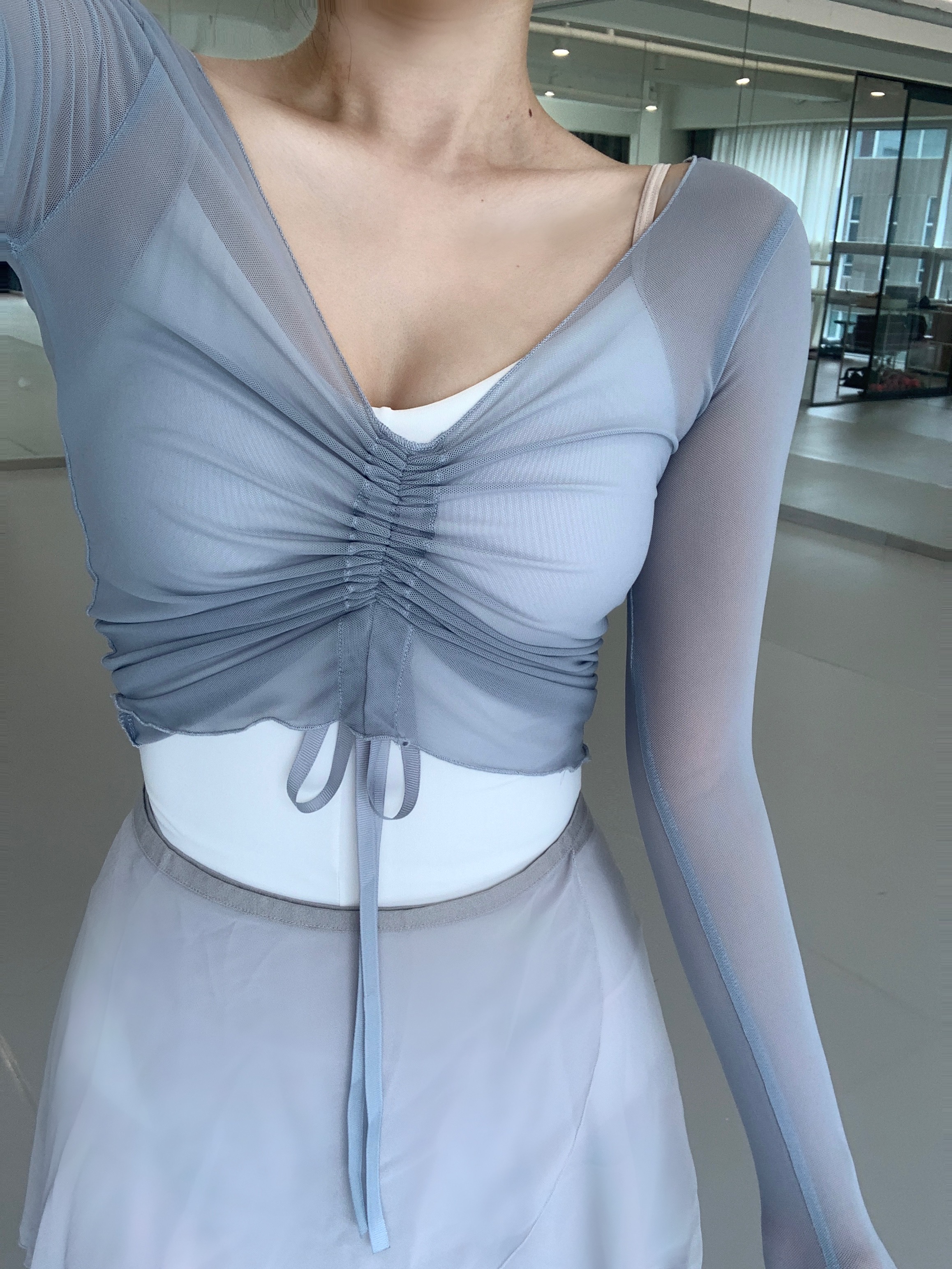 성인발레복 시스루 셔링 스트링 리본 메쉬 발레워머 폴웨어 폴댄스