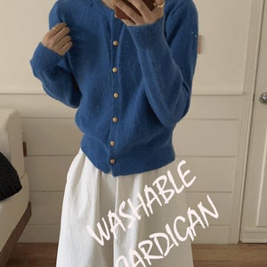 워셔블 비비드 골드버튼 라운드넥 가을 겨울 레이어드 하객룩 데일리 니트 가디건