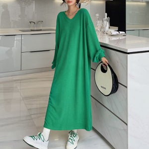그린 브이넥 롱원피스 빅사이즈 박스핏 봄 가을 나들이 홈웨어 데일리 꾸안꾸 긴팔 외출