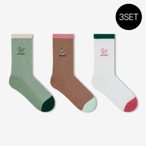 싹스탑 여성 해피도기 자수 중목 패션 양말 3컬레 세트