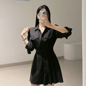 딥크 오픈 카라 포켓 셔츠 미니 원피스