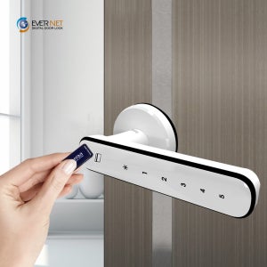 에버넷 에트로 목문용 무타공 도어락 번호키 지문인식 카드키 방 문 손잡이 화이트
