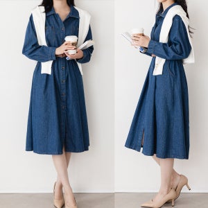 박스핏 벨트set 데님 원피스 여성 가을 셔츠 롱원피스 출근룩 데이트코디 여성스러운 청치마