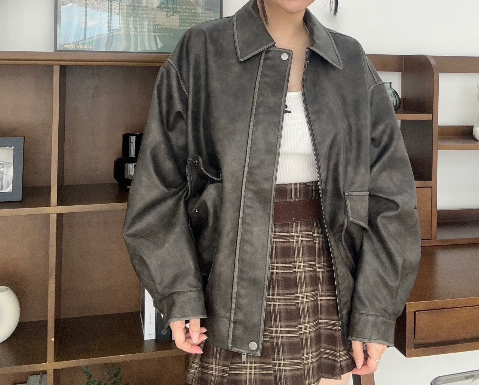 워싱레더점퍼 빈티지워싱레더 블루종 여성봄버자켓