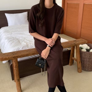 가을 원피스 하객 소매트임 H라인 반팔 니트 롱 원피스 하객룩