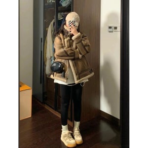 여성 가죽 자켓 루즈핏 하이넥 무스탕 퍼 일체형 라이더 자켓