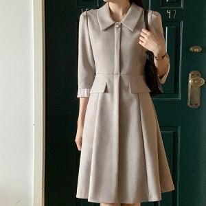 (S M L 벨트set) 배색 소매 벨트 플레어 롱 원피스 결혼식 하객룩 op15862