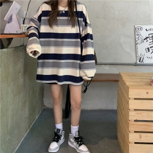 여성 단가라 스트라이프 루즈핏 오버핏 박시핏 간절기 긴팔 티셔츠