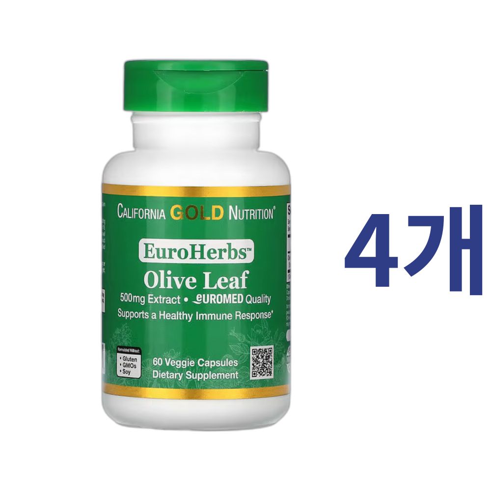 캘리포니아골드뉴트리션 <b>올리브잎 추출물</b> 유로허브 500mg 60캡슐 4개 CGN