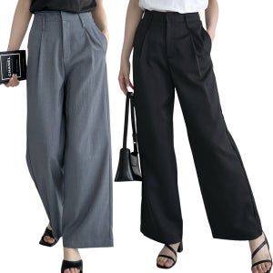 [1+1] 하이웨스트 핀턱 와이드팬츠 스트라이프 부츠컷 와이드 슬랙스 여성 면 통바지