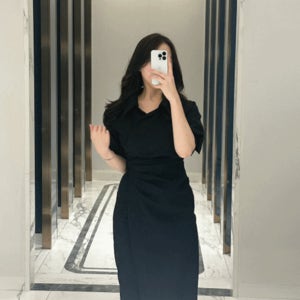 로렌 셔링 포인트 클래식 블랙 미디 원피스