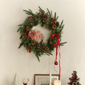 45cm 딥그린 전나무 레드열매 솔방울 대형리스 전구포함