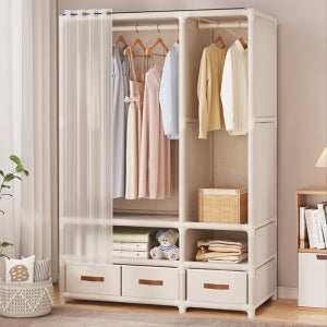 튼튼한 조립식 옷장 커튼 수납 간이옷장 3단 행거