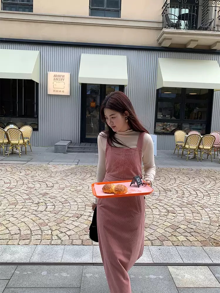 베리 코듀로이 원피스 여성 서스펜더 골덴 핑크 롱원피스