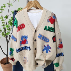형님클라쓰 곰돌이 하트 전판 레터링 커플 오버핏 남자 니트 가디건