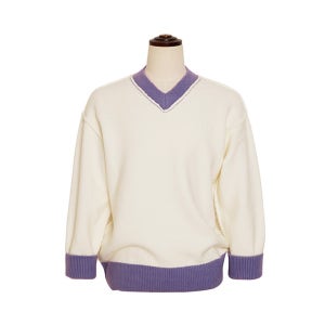 남자 브이넥 양면 니트 보라색 배색 포인트 긴팔티