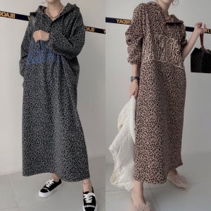 레오파드 후드 빅사이즈 원피스 체커 롱 호피 박스 캐주얼 긴팔원피스 여성 스타일 가을겨울