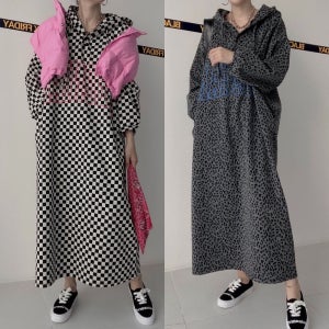 체커 빅사이즈 후드 원피스 레오파드 호피 스타일 박시 빅사이즈 여성 긴팔 가을겨울 캐주얼