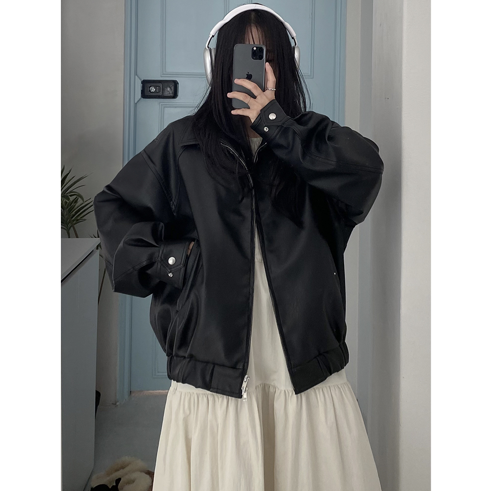오버핏 레더 블루종 가죽 자켓 투웨이 여성 가죽점퍼 루즈핏 항공 점퍼 빅사이즈 77 캐주얼