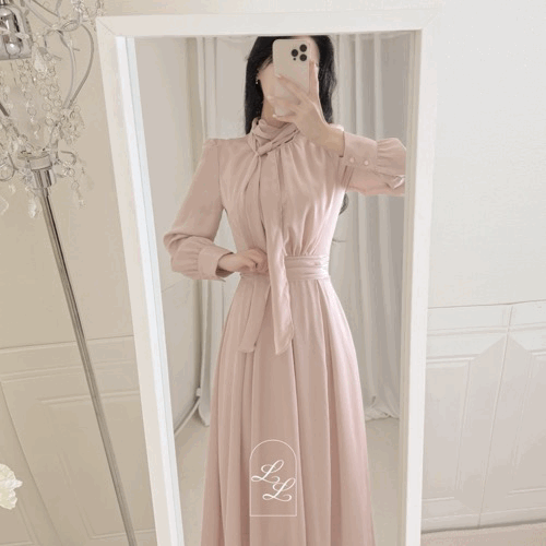 베이드 스카프넥 실크 세틴 쉬폰 소매 퍼프 허리 랩 플레어 a라인 롱원피스 (3color) 하객룩 격식룩 브라이덜샤워 모임룩 오피스룩 상견례룩 데이트룩 파티룩 연말모임룩 연주회룩
