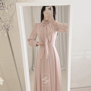 베이드 스카프넥 실크 세틴 쉬폰 소매 퍼프 허리 랩 플레어 a라인 롱원피스 (3color) 하객룩 격식룩 브라이덜샤워 모임룩 오피스룩 상견례룩 데이트룩 파티룩 연말모임룩 연주회룩