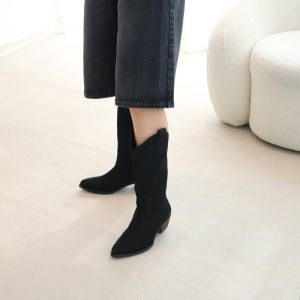 지쎄수제화 양가죽 미니멀 쎄무 스웨이드 웨스턴부츠 4.5cm 미들롱부츠 블랙,브라운