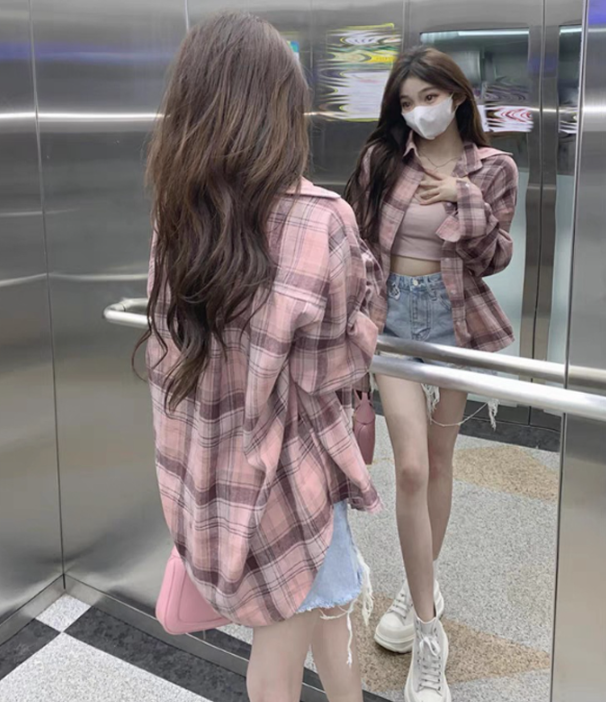 엉덩이덮는티셔츠 여학생 핑크색 체크 동대문 힙한티셔츠