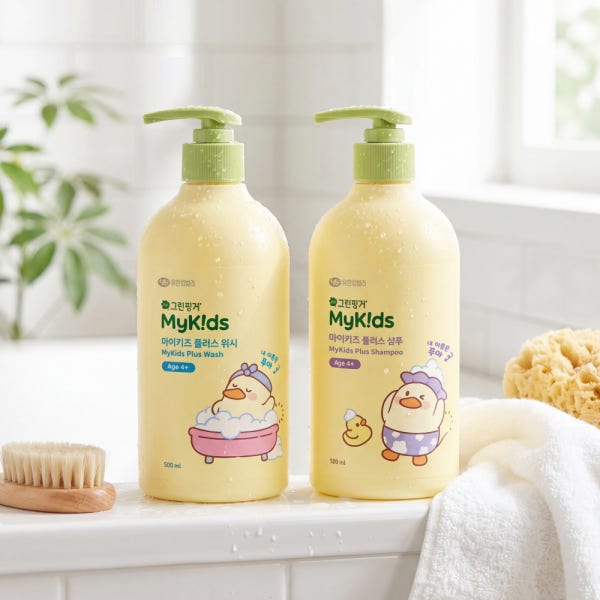 [2종] 그린핑거 마이키즈 플러스 푸아 샴푸+워시 500ml /키즈샴푸,어린이샴푸,키즈워시,유아,두피케어,저자극, 대용량, 복숭아향. 린스겸용, 정수리냄새케어, 초등학생, 어린이