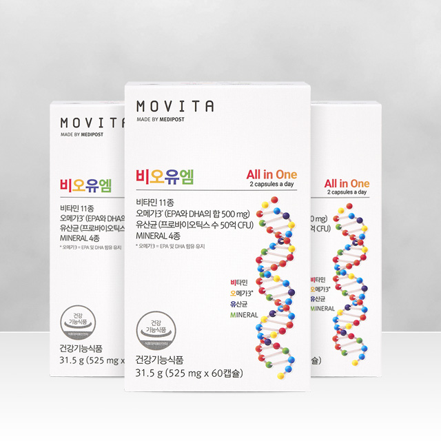 <b>모비타</b> 비오유엠 고함량 올인원영양제 멀티비타민 오메가3 유산균 60캡슐, 3개