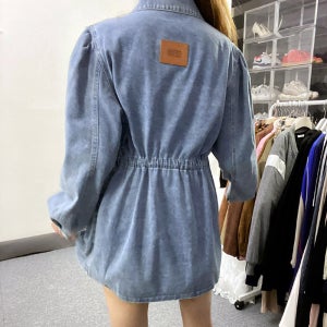 루즈핏 허리 스트링 어깨 퍼프 데님 청 자켓