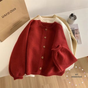 여성가디건 세미 크롭 소매패치 벌룬 니트가디건