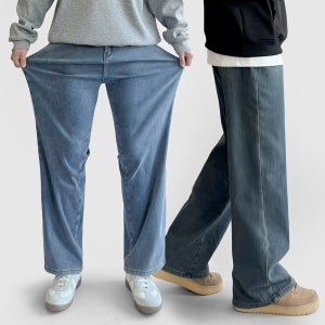 1+1 남자 기모 겨울 청바지 융기모 와이드 핏 통 데님 청바지