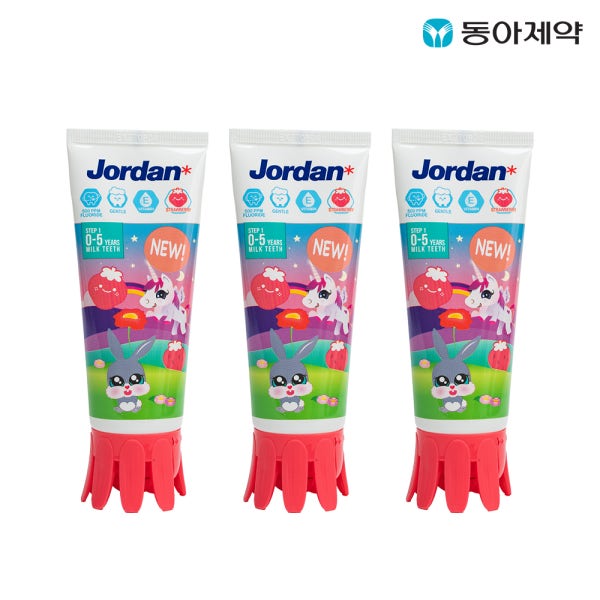 동아제약 생활 공식스토어 조르단 유아/어린이치약 뉴스텝 1단계 90g 3개입(패키지 랜덤) / 저불소 비타민E함유