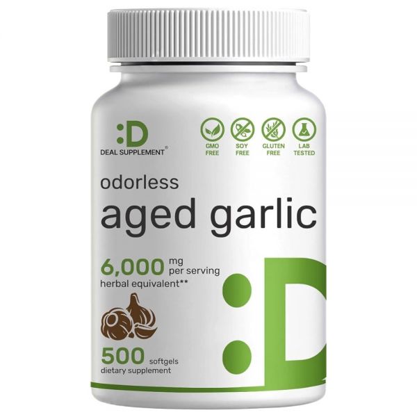 DEAL SUPPLEMENT 무취 숙성 마늘 알약, 1회 제공량당 6,000mg, 소프트젤 500개 - 24:1 마늘 오일 <b>추출물</b> - 신선한 <b>부추</b>속 사티붐 전구 공급원 - 심장 및