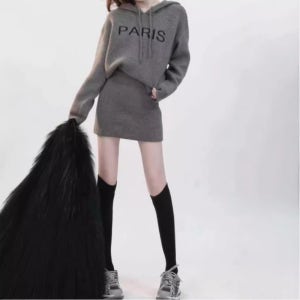 여성 캐주얼 긴팔 후드니트 스커트 코디세트